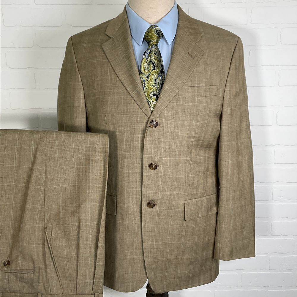 CHAPS Suit Men 41 32W 29.5L Tan Wool Glen Plaid 3 Button‎ Classic Career Canada